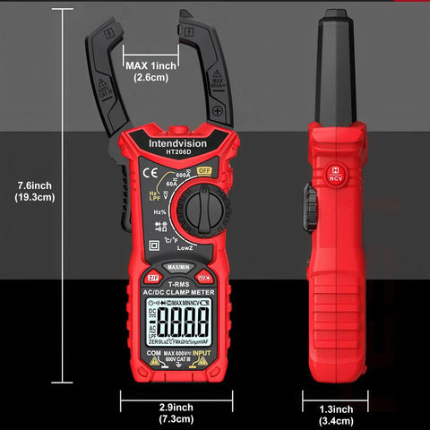 Front and side view of Digital Clamp Meter With True RMS For AC And DC Voltage And Current Auto Ranging Pro Grade Multimeter HT206D