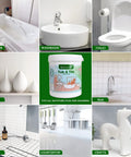 Collage of Odorless Tub and Tile Refinishing Kit With White Epoxy Paint for bathroom and kitchen surfaces, showing application areas.