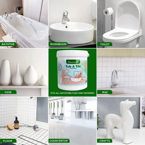 Collage of Odorless Tub and Tile Refinishing Kit With White Epoxy Paint for bathroom and kitchen surfaces, showing application areas.