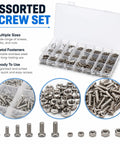 1260 Piece Small Stainless Steel Nuts And Bolts Assortment Kit Heavy Hitter Cross Pan Head Screws Rust Proof Build for rugged repairs displayed in a sorting case.