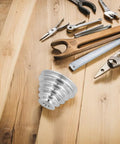 Premium Hardcore Heavy Duty Multi V Groove Aluminum Drill Press Pulley Step Belt Drive Sheave on wood surface with tools.