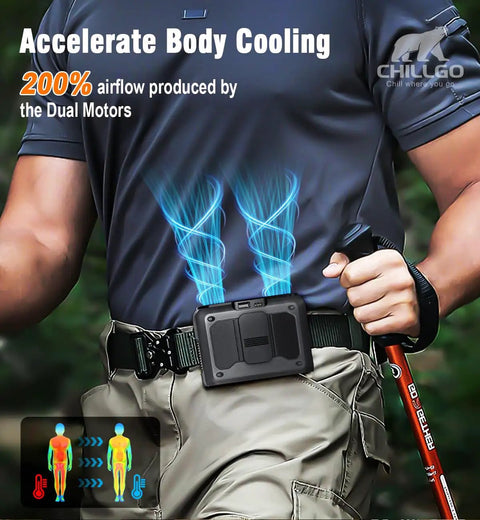 Person wearing 20,000mAh Portable Neck Fan With Dual High Speed Motors for travel, outdoor, camping, hands-free use