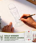 Sketch of glass hummingbird feeder award design with gold winner announcement and product image, focusing on artistic elements.