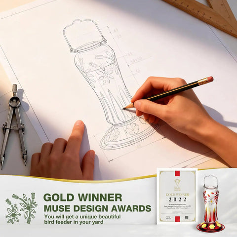 Sketch of glass hummingbird feeder award design with gold winner announcement and product image, focusing on artistic elements.