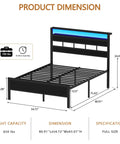 Heavy Duty Full Size Bed Frame With Smart RGB LED Lights App Control Storage Headboard Built In USB Chargers Black Oak Finish dimensions and specifications.