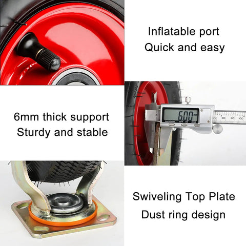 Built Tough 4 Pack Pneumatic Swivel Casters 8 Or 10 Inch Flat Free Rubber Wheels with detail of inflatable port and swivel top plate.