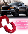 RAM 1500 Tow Hook Covers Red Silicone Rubber Upgrade Front Tow Hook Protector For 2019 To 2025 Models Not For 1500 Classic Warlock 2500 Or 3500 Durable Weatherproof Shield Sleek Finish Exterior Upgrade Protects Tow Hook Area on display with truck