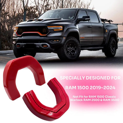 RAM 1500 Tow Hook Covers Red Silicone Rubber Upgrade Front Tow Hook Protector For 2019 To 2025 Models Not For 1500 Classic Warlock 2500 Or 3500 Durable Weatherproof Shield Sleek Finish Exterior Upgrade Protects Tow Hook Area on display with truck