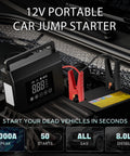 Close-up of 4000A Jump Starter With Air Compressor in car engine, with clamps attached, showing digital display and features.