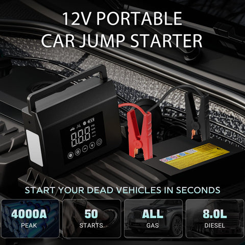 Close-up of 4000A Jump Starter With Air Compressor in car engine, with clamps attached, showing digital display and features.