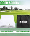 Ultra Clear Golf Simulator Impact Screen 8.2x8.2 ft with flannel material and grommet holes shown with a black storage bag for indoor practice