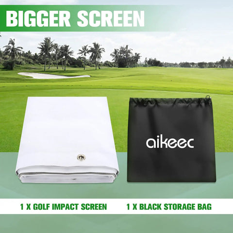 Ultra Clear Golf Simulator Impact Screen 8.2x8.2 ft with flannel material and grommet holes shown with a black storage bag for indoor practice
