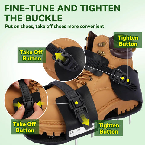 Lawn Aerator Shoes For Grass That Make Aeration A Breeze Easy On Buckle Spike Shoes detail showing buckle and spikes