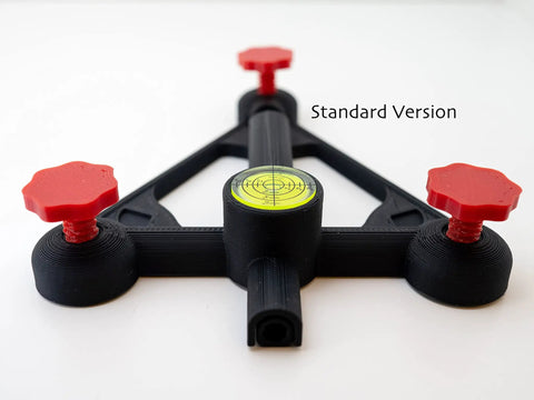 Rock Solid Adjustable Alignment and Leveling Stand for Approach R10 Monitor with red M14 thread knobs and leveling bubble.