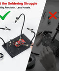 Adjustable Soldering Helping Hands With Four Magnetized Pillars And Flexible Arms, circuit board holder on steel base in use