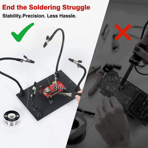 Adjustable Soldering Helping Hands With Four Magnetized Pillars And Flexible Arms, circuit board holder on steel base in use