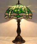 Green Tiffany Style Stained Glass Dragonfly Bedside Table Lamp For Reading And Cozy Vibes Decor, 12x12x18 Inches Desk Light