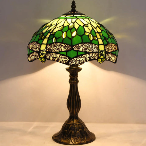 Green Tiffany Style Stained Glass Dragonfly Bedside Table Lamp For Reading And Cozy Vibes Decor, 12x12x18 Inches Desk Light