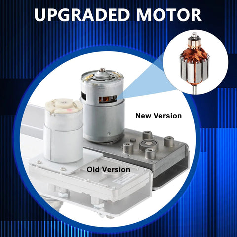 Front view of 24V telescopic linear actuator with stand and remote control; old and new version.