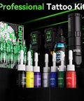Tattoo Gun Kit Wireless Machine With Dual 1800mAh Batteries, 10 Cartridge Needles, Ink Set, And Full Tattoo Supplies, inks visible
