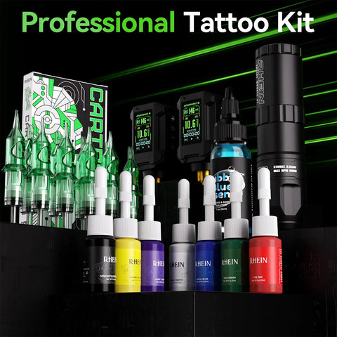 Tattoo Gun Kit Wireless Machine With Dual 1800mAh Batteries, 10 Cartridge Needles, Ink Set, And Full Tattoo Supplies, inks visible