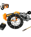 Rock Solid Plug And Play Cordless Cable Puller With 10000mAh Battery And Automatic Pipe Threader showing wire and handle.