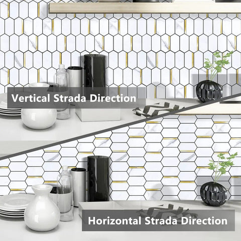 Long Hexagon Peel And Stick Backsplash Tiles Dope Look 10 Sheets 12.4 By 12 Inch White Marble Look PVC Mixed Metal Gold