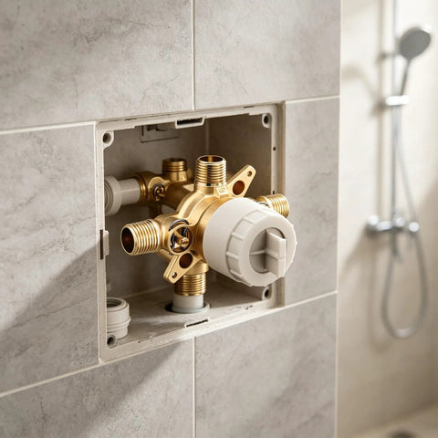 Heavy Duty Brass Three Port Shower Mixing Valve With Pressure Balancing Technology installed inside wall for hassle-free setup.