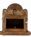 Antique Brass Wall Mount Toilet Paper Holder With Lid 6.9 Inch Wide Victorian Style Rust Resistant Solid Brass, rear view