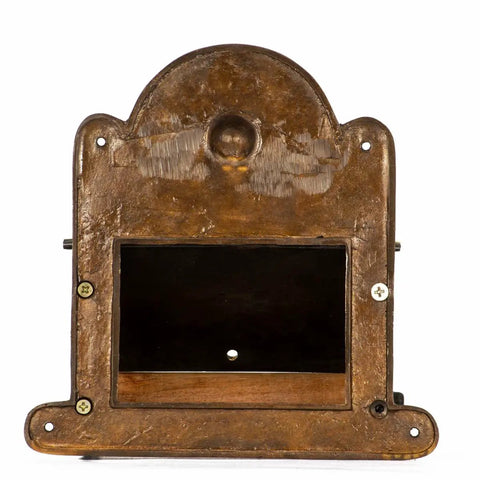 Antique Brass Wall Mount Toilet Paper Holder With Lid 6.9 Inch Wide Victorian Style Rust Resistant Solid Brass, rear view