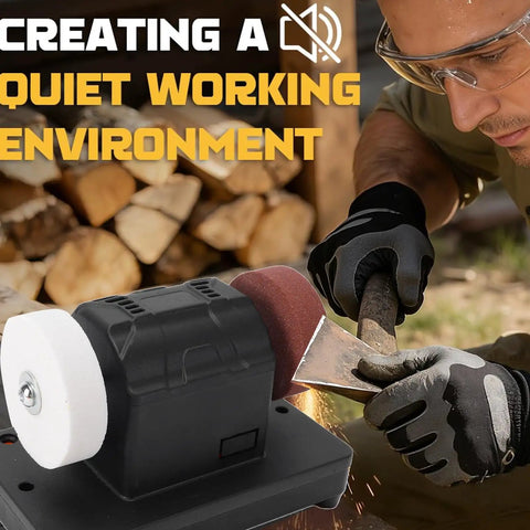 Depisuta Mini Bench Grinder Compatible With 20V Battery Tools in use for sharpening a knife with grinding wheels.