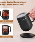 Self Heating Coffee Mug With Temperature Control Smart Cup 12 Oz Travel Warmer is shown in hand, featuring vacuum sealed design.