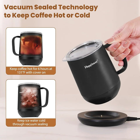 Self Heating Coffee Mug With Temperature Control Smart Cup 12 Oz Travel Warmer is shown in hand, featuring vacuum sealed design.