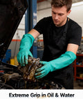 Heavy Duty 18 Inch Elbow Length Nitrile Chemical Resistant Gloves Tough As Nails Top Rated Hand Protection For Auto Mechanics Lab Techs Hazardous Fluid Splash Defense Size Large One Pair, worn by a mechanic handling oil.