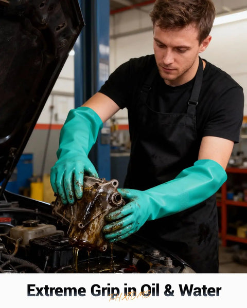 Heavy Duty 18 Inch Elbow Length Nitrile Chemical Resistant Gloves Tough As Nails Top Rated Hand Protection For Auto Mechanics Lab Techs Hazardous Fluid Splash Defense Size Large One Pair, worn by a mechanic handling oil.