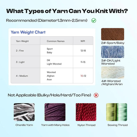 Yarn weight chart showing compatibility with Electric ICord Knitting Machine Automatic ICord Maker With Tension Control Hands Free DIY Knitting Tool For Crocheters And Yarn Crafters Patent Design Options.