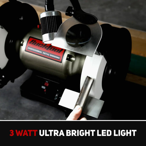 8 Inch Low Speed Bench Grinder With Three Quarter HP Induction Motor And 1750 RPM For Smooth Wobble Free Grinding And CBN Wheel Compatibility Beefy Woodworking Power Tool For Carpenters And Hobbyists close-up with LED light