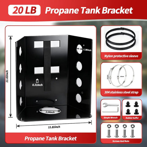 Heavy Duty 20 Lb Propane Tank Holder Bracket For RV, Truck, Trailer, Boat, with dimensions and components displayed