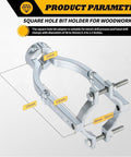 Square hole bit holder for woodworking showing 155mm length, 38-55mm clamp range, and rugged metal design for accuracy.