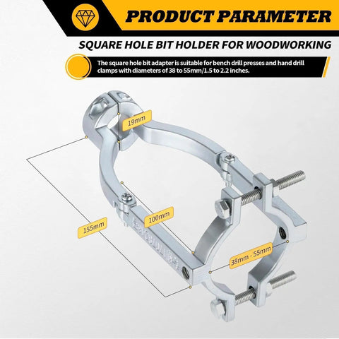 Square hole bit holder for woodworking showing 155mm length, 38-55mm clamp range, and rugged metal design for accuracy.