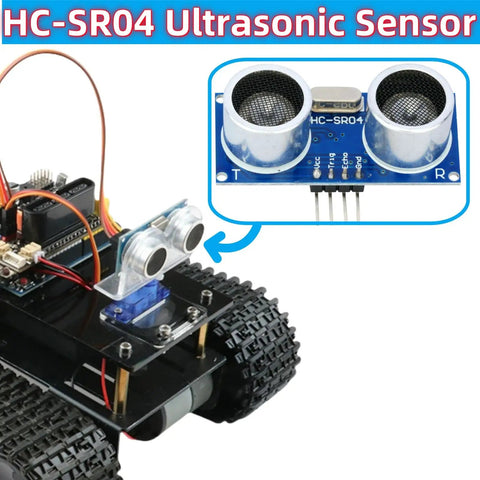 HC-SR04 Ultrasonic Sensor Module 2 Pack with Mounting Brackets, 5V DC installed on a robot, image shows sensor and wiring details.