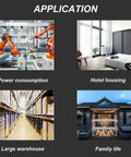 Collage showing applications: factory robots, hotel room, large warehouse, residential family house.