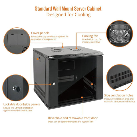 Nine U Wall Mount Server Cabinet With Lockable Tempered Glass Door And Side Panels Hella Secure Steel Build Knockout Design No Drama Setup For 19 Inch Network Racks Audio Gear Black