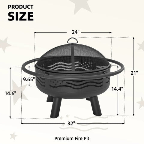 Cozy 32 Inch American Flag Fire Pit With Mesh Cover And Poker For Patio Garden And Backyard Round Metal Wood Burning Outdoor Firepit For Bonfires And Holiday Gatherings