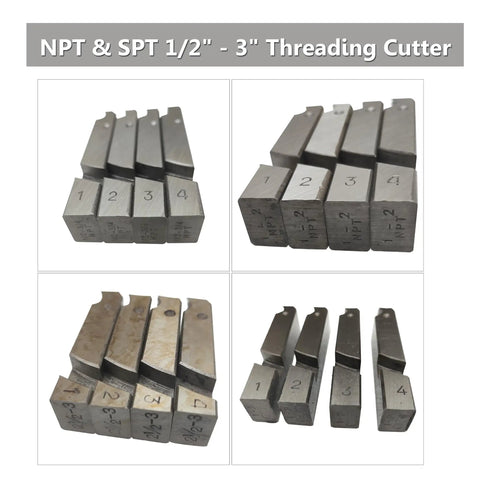 NPT & SPT threading cutter set for 1/2" to 3" pipes, compatible with Real Deal 220V Electric Pipe Threader Machine 1HP.