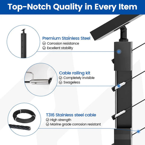 No Sweat Stainless Steel Cable Railing Kit For Stairs 16 To 20 Feet Modular Surface Mount 36 Inch Tall with premium materials shown.