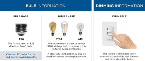 Bulb and dimming information for Latrobe Collection 1-Light Clear Glass Coastal Pendant Light with E26 base and dimmable feature.