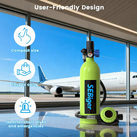 1.0L Mini Scuba Tank Portable Dive Air Bottle Kit For Underwater Exploration And Rescue, displayed in airport lounge.