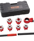 Ratcheting Pipe Threader Kit With Six Dies One Quarter Inch NPT To One And A Quarter Inch NPT Portable Pipe Threading Tool Set With Storage Case For Plumbing Installation And Repair, featuring red dies and black handle.