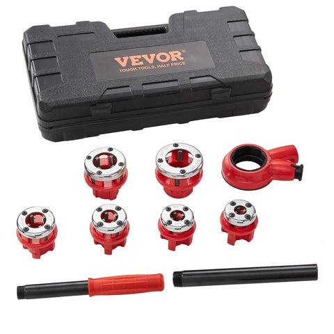 Ratcheting Pipe Threader Kit With Six Dies One Quarter Inch NPT To One And A Quarter Inch NPT Portable Pipe Threading Tool Set With Storage Case For Plumbing Installation And Repair, featuring red dies and black handle.